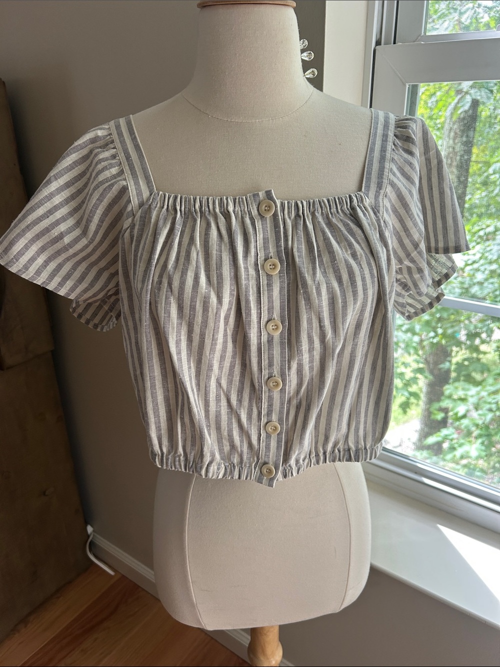 Madewell Gray & White Striped Square-Neck Cropped Button Top